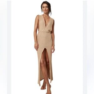 FLOOK NIMAH DRESS-size L-Tan Ribbed Knit Dress with Slit-100% cotton